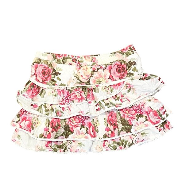 Vintage Tiered Ruffle Mini Skirt Y2K Rose Floral Print Cottagecore Fairy Girly - Picture 1 of 4